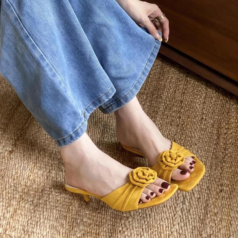 Fashion Fashion Pleated Floral Design Brand Slippers Women Sexy Square Toe Thin Heel Slide Sandals Elegant Comfort Slingback Dress Shoes