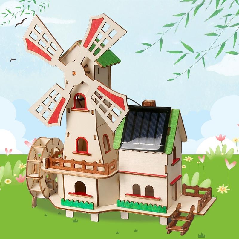 1 Set 3D Wooden Jigsaw Puzzles Educational Science Experiments Solar Windmill Houses Children'S Diy Handcrafted Assembly Models
