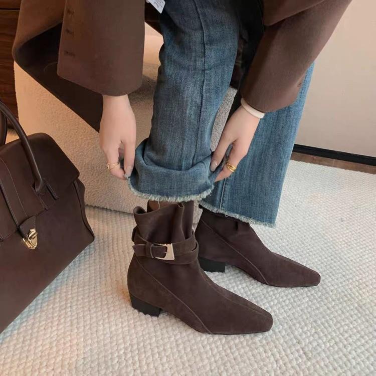 Retro Huge Good-looking Low-heeled Thin Boots Early Autumn Foreign Coffee-colored Suede Old Money Wind Small Short Boots