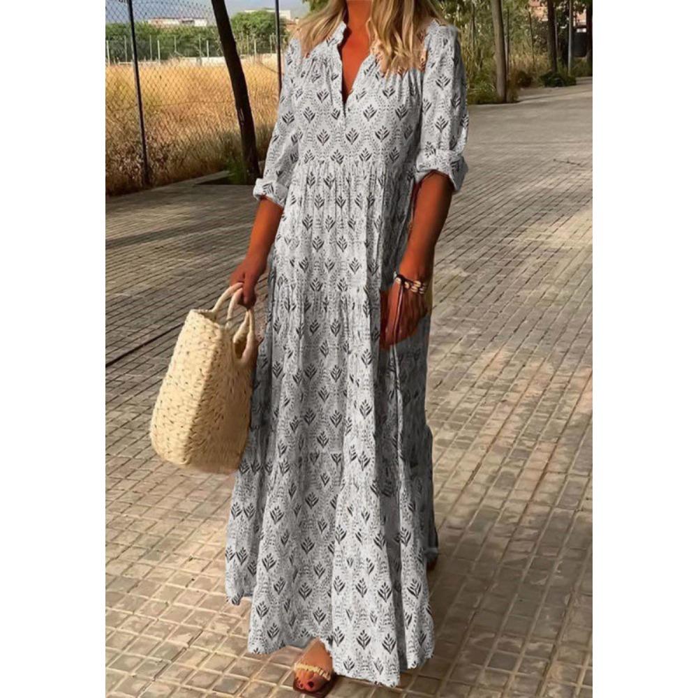 Damen V-Ausschnitt Langarm Maxikleid Oversized Lässig Geometrischer Print Urlaubs-Kleid