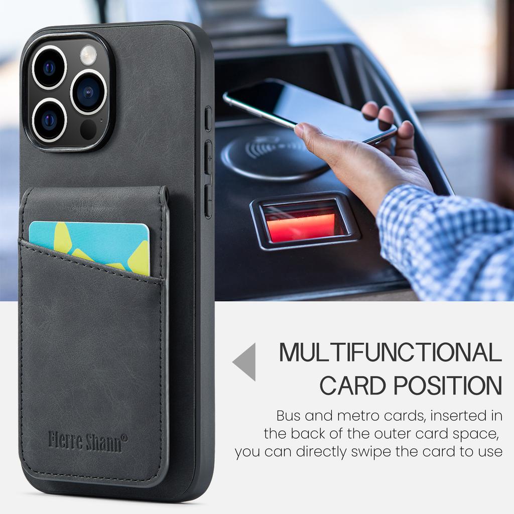 FIERRE SHANN For iPhone 16 Pro Max Case Card Holder Kickstand Leather RFID Blocking Back Cover