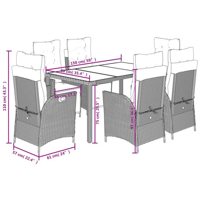 VidaXL Ensemble à Manger de Jardin avec Coussins 7 pcs, Table et Chaises avec Dossier Réglable, Meubles d'Extérieur, 3213329