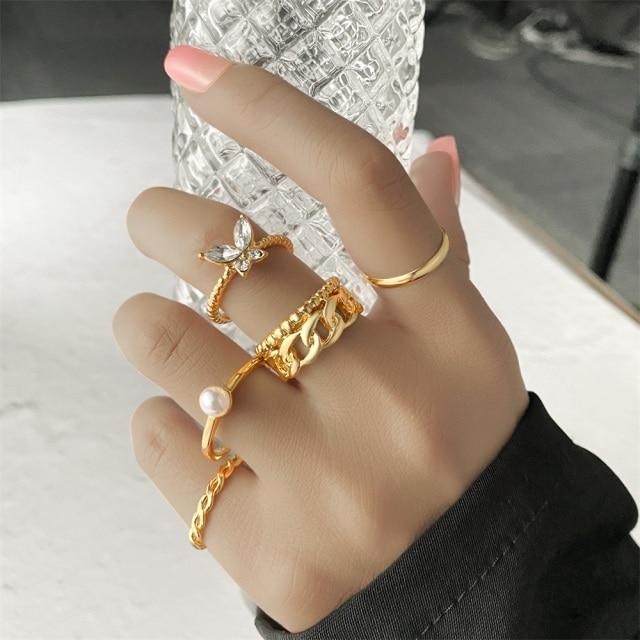 Sada prstenů s českým zlatým řetízkem pro ženy Fashion Boho Coin Snake Moon Rings Dárkové šperky Party Trend