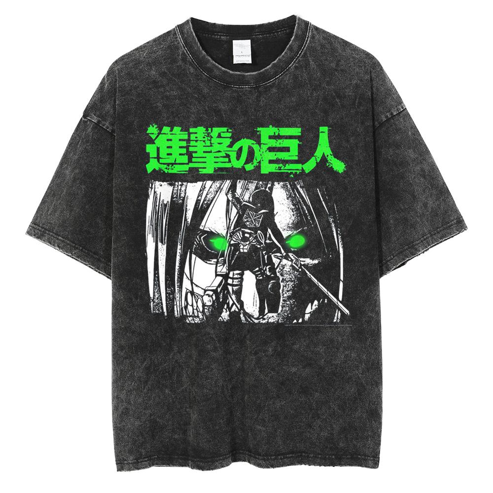Eren Jager Attack on Titan Summer Streetwear Washed T-Shirt Anime Graphic Print TShirt Men Harajuku Cotton Oversize Vintage Tee