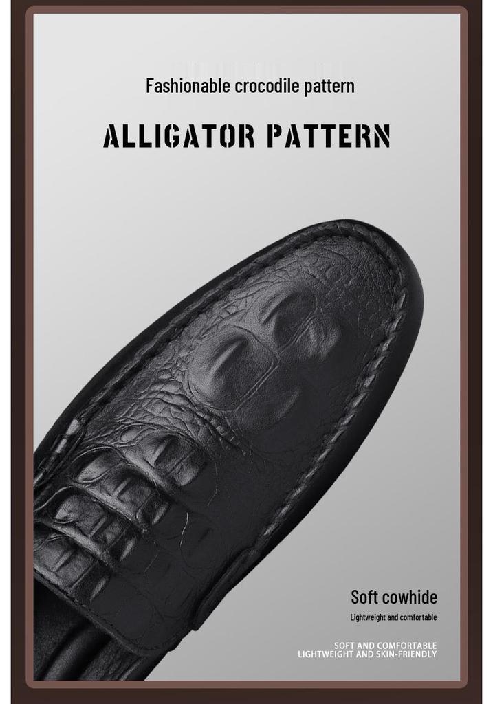 Men's Crocodile Pattern Slip-On Leather Loafers - Large, Versatile, Casual Driving Shoes