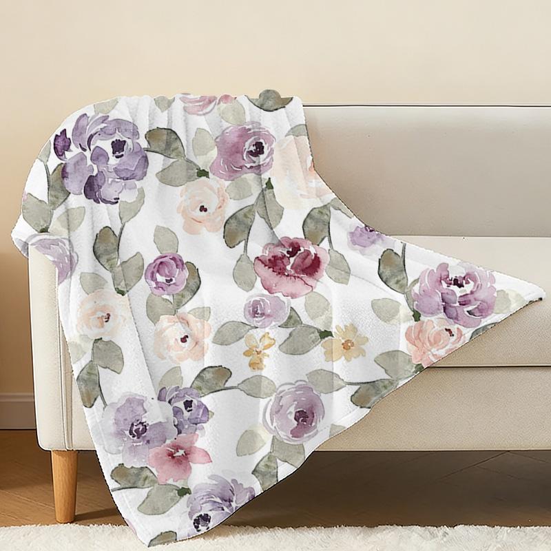Non-Shedding Flannel Fleece Throw Blanket, Soft Cozy Watercolor Floral, Warm Home Blanket for Halloween Christmas, Couch Movie Nights