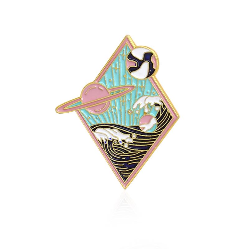 Trendy Wave  Mountain Rhombus Brooch: Snow-Capped Planets Under Night Sky
