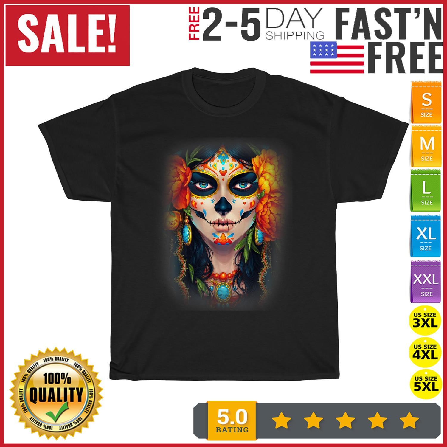 Mexican Catrina day of the dead sugar skull Halloween Vintage T Shirt Mens Womens Tees Top Men Women S