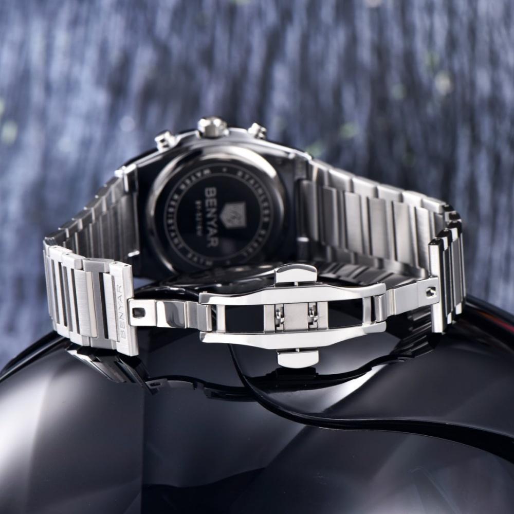 Benyar Multifunctional Men's Quartz Watch Stainless Steel Strap Alloy Case Chronometer 30M Waterproof Luminous Wristwatch