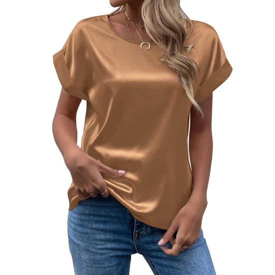 Women Satin Tops Casual Loose Short Sleeve Crew Neck Blouse Summer Silky Shirts Work Business Outfits