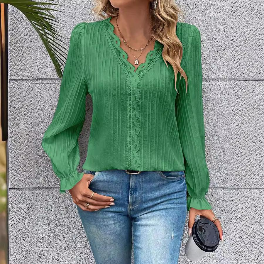 Trendy Fall Long Sleeve V-Neck Lace Trim Patchwork Hollow-Out Women's Blouse
