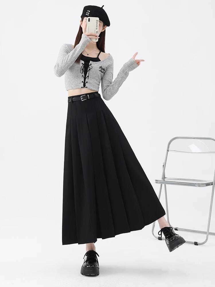 Women's High Waist Gray A-Line Pleated Mid-Length Skirt - Spring, Summer, Autumn 2025