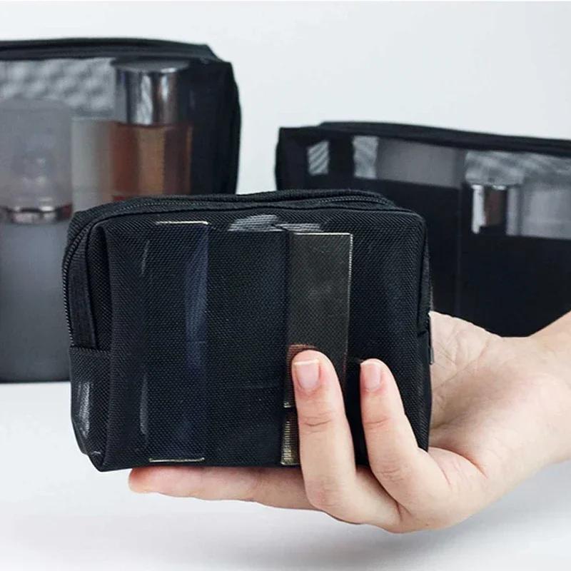 

Women Nylon Mesh Cosmetic Bags Portable Square Black S/M/L Toiletries Makeup Organizer Pouch Travel Washing Storage Bag Purse
