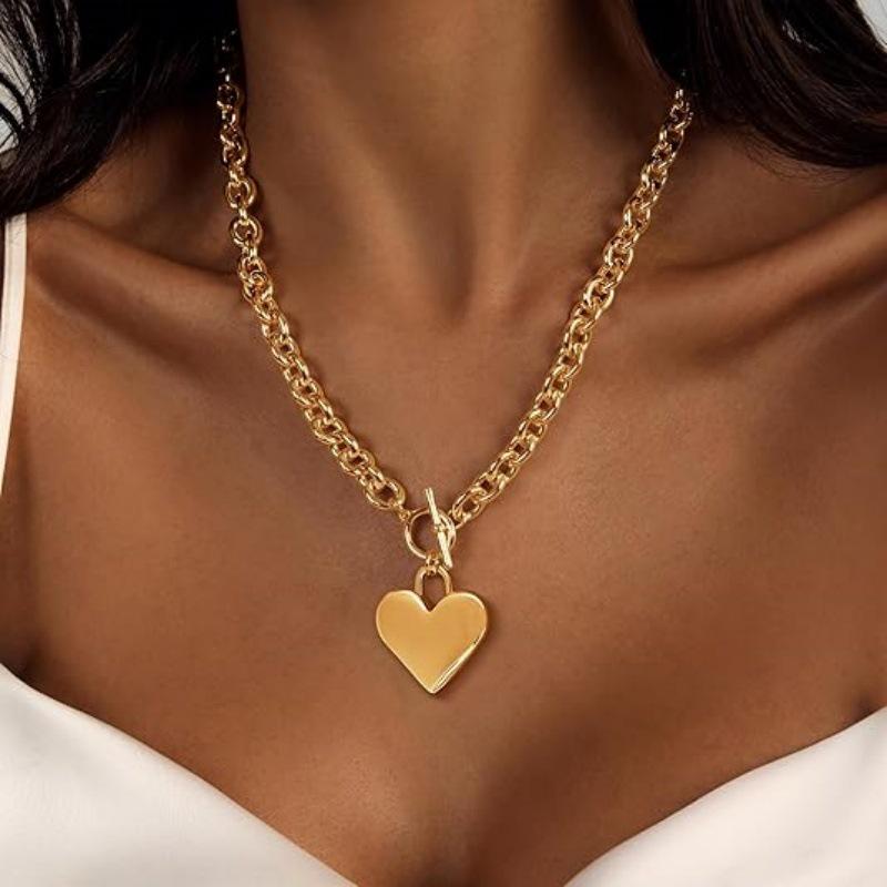 18K Gold Plated Heart-Shaped Pendant Necklace – Hip Hop Style, Fluffy Sweater Chain