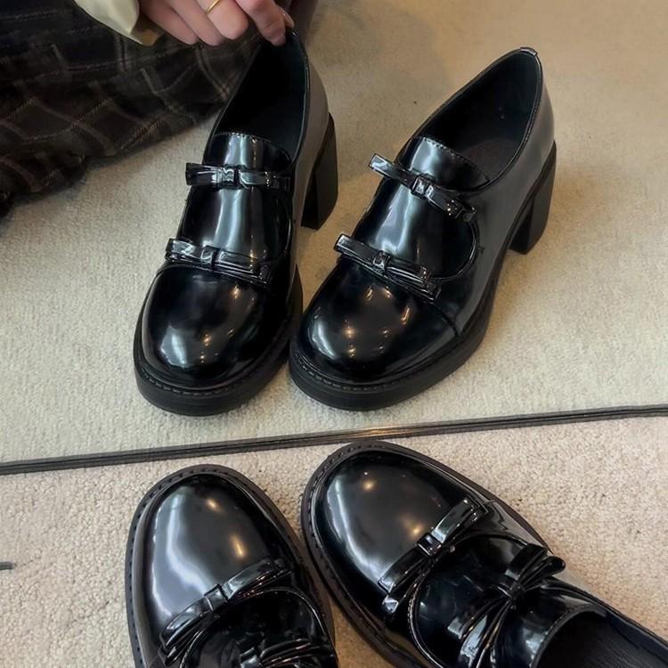 Sheepskin version~ Versatile round head British style loafers, deep mouth one pedal bow, leather thick heel small leather shoes for women