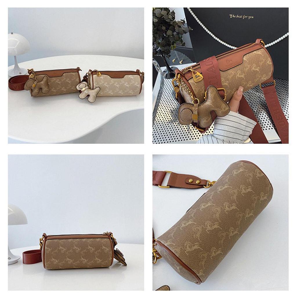 Women's fashionable wide shoulder strap cylindrical bag retro printed pillow bag shoulder bag crossbody bag