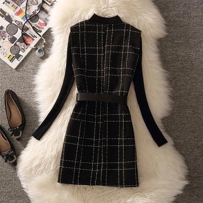 Conjunto de 2 piezas para mujer Chaqueta Abrigo de Tweed de Lana a Cuadros + Trajes de Suéter de Punto para Mujer
