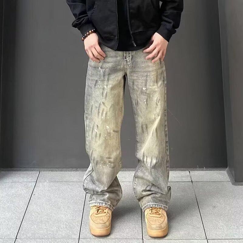 American retro ink splashing tie-dyed jeans men's and women's spring and autumn high street vibe style pants high-end straight pants