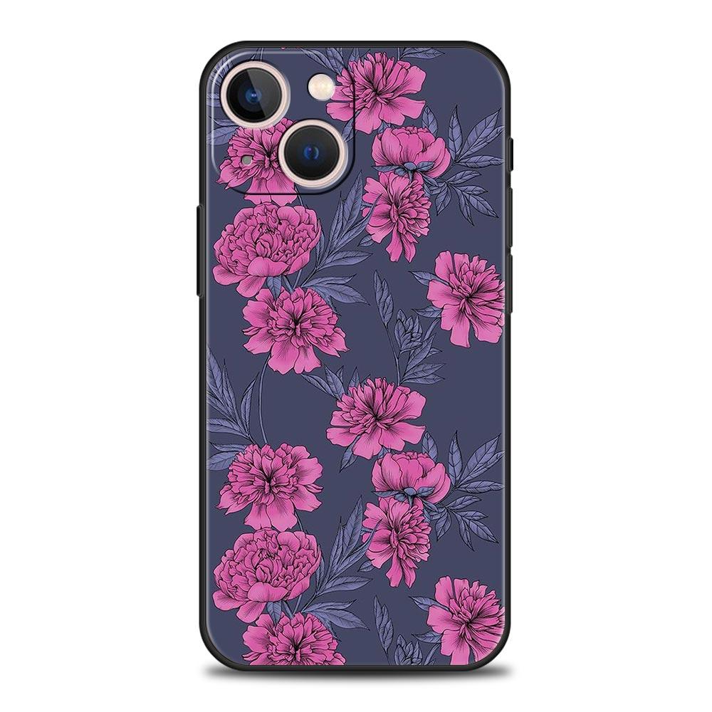 flower 12 Luxury Phone Case For iPhone 13 15 14 12 Mini 11 Pro MAX XR X SE XS 7 8 Plus Silicone Black Protection Cover
