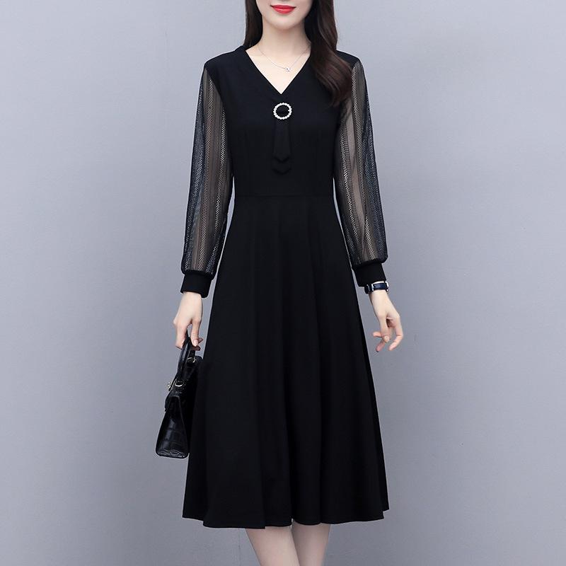 

Dream 0121 Plus Size Women s V-Neck Lace Patchwork Dress with Long Sleeves - Slimming, Flattering Black Skirt 5XL чёрный