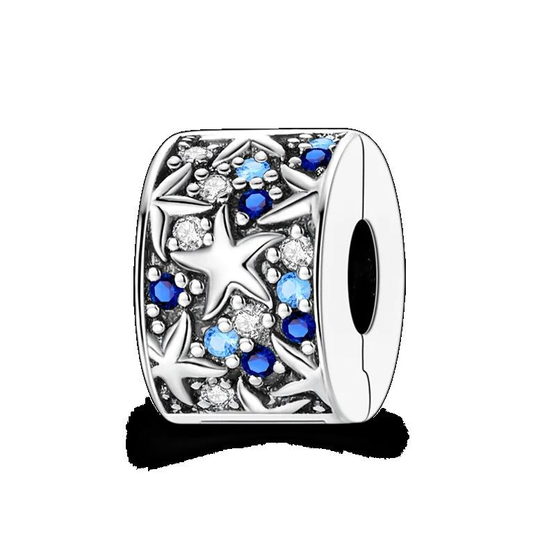Silver Clasp 925 Silver CZ Pave Clip Charms Daisy Beads Stopper Safety Chain Fit Original Bangle Bracelet Jewelry Clip
