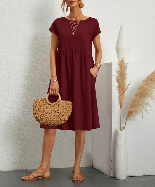 Fashion Summer OL Temperament Women's Clothing Cotton and Linen Round Neck A-shaped Skirt Large Size Loose Dress