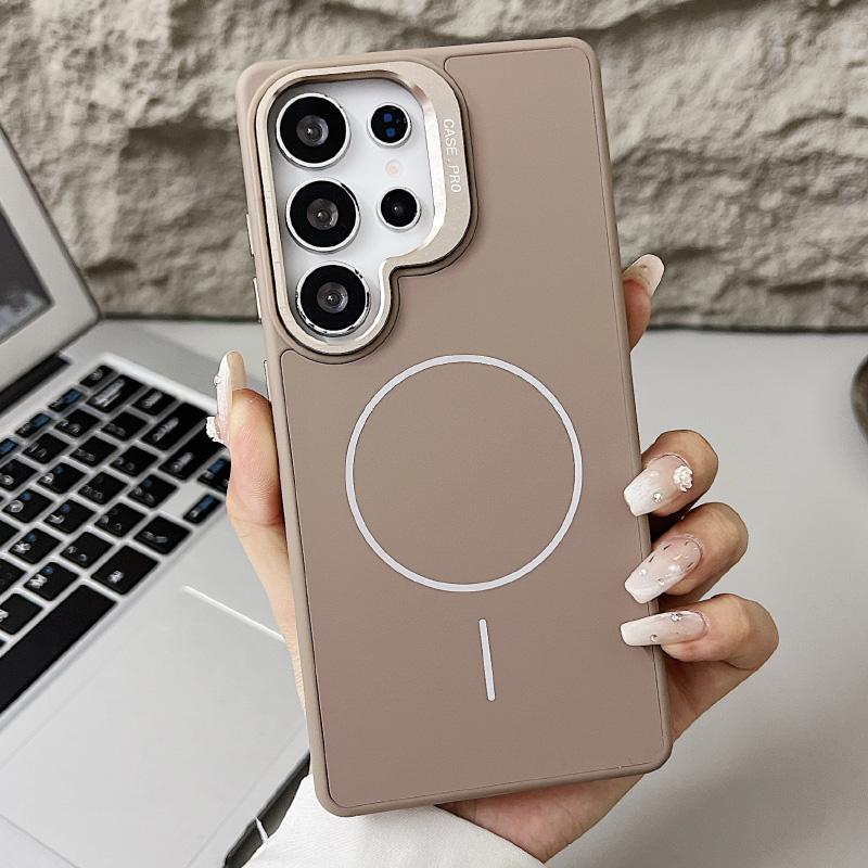 For Magsafe Magnetic Luxury Solid Color Liquid Silicone Lens Bracket Phone Case For Samsung S25 Ultra S24 Ultra Bumper Cover