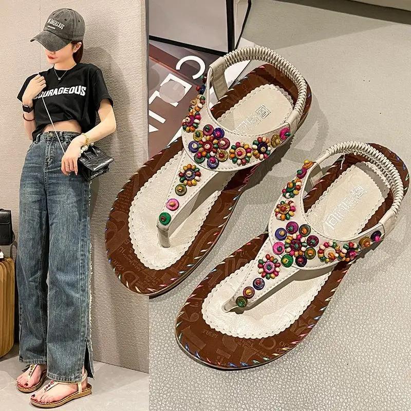 Fashion Summer Designer Casual Bohemia No Heel Sandals for Women 2025 Comfortable Anti Slip Hot Luxury On Sale Wholesale Vip Woman Shoes