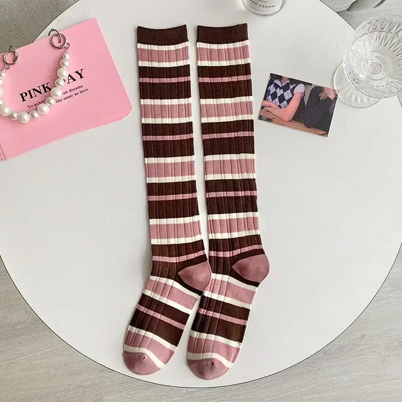 

Women Calf Socks Simple Striped Knitting Cotton Stockings Japanese Style Knee Socks Sweet Girls Kawaii Long Socks Calcetines One Size