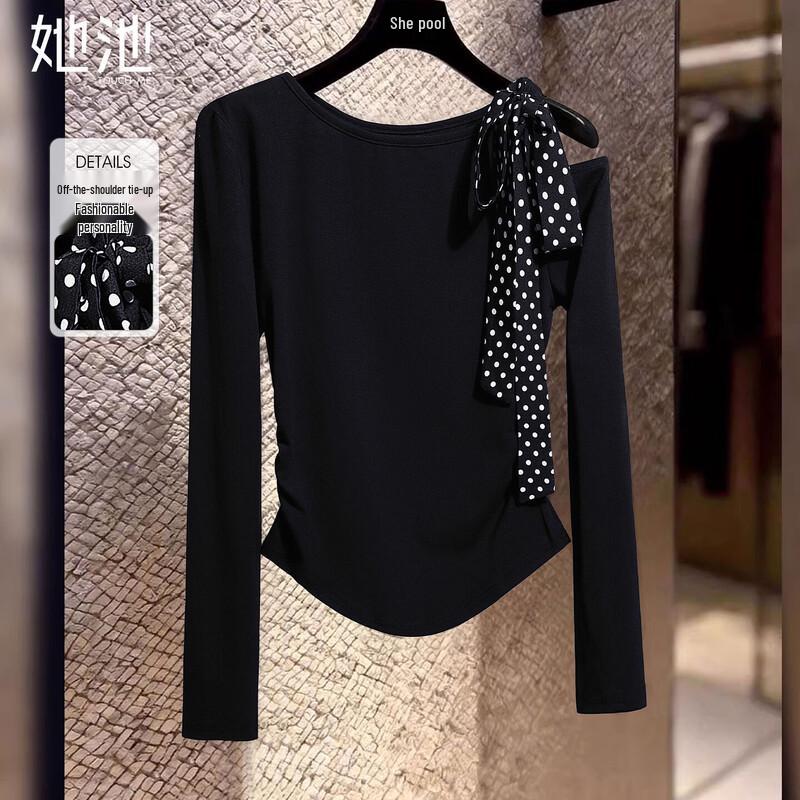 Women s Off-Shoulder Long Sleeve T-Shirt with Tie-Strap & Pleated Waist L