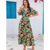 Bohemian Summer New V-neck Sunflower Rayon Printing Waist Hugging Frill Bat Sleeve Dress Long Dress