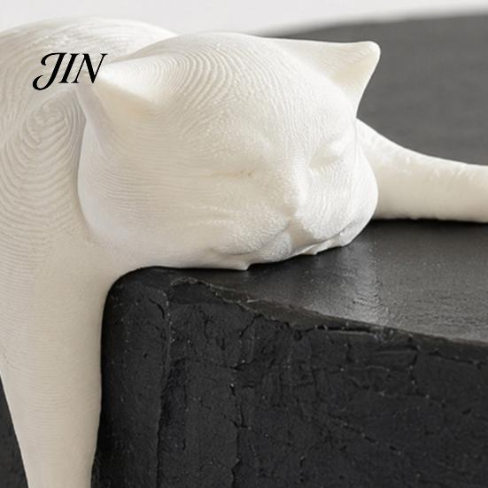 Modern Cat Ornament for Home 3D Printed Lazy Figurine, Sleeping Kitten Desk Decor, Cute Animal Statue Figurine Office, DIY Paintable White Matte