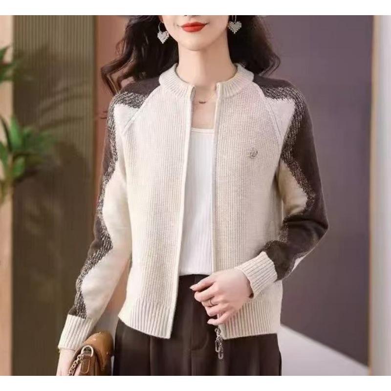 Spring new new round neck double zipper knitted sweater jacket medium mother knitted cardigan sweater jacket