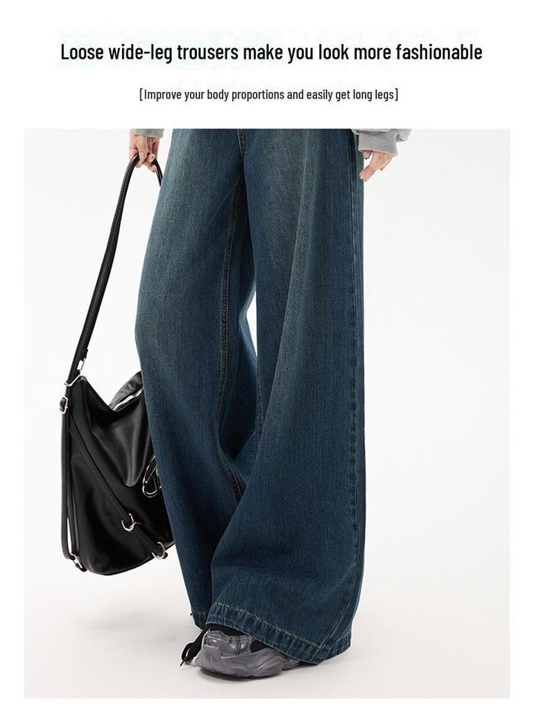 Frühling 2025 Damen Dunkelblaue High-Waist Wide-Leg Jeans: Retro-inspiriert, Bodenlang, Lockerer, aber Figurbetonter Schnitt