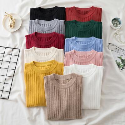 2023 Round Neck Pit-striped Pullover Sweater Knitted Women Autumn Winter Slim Fit Long Sleeve Tops Casual Simple Jumper 28898