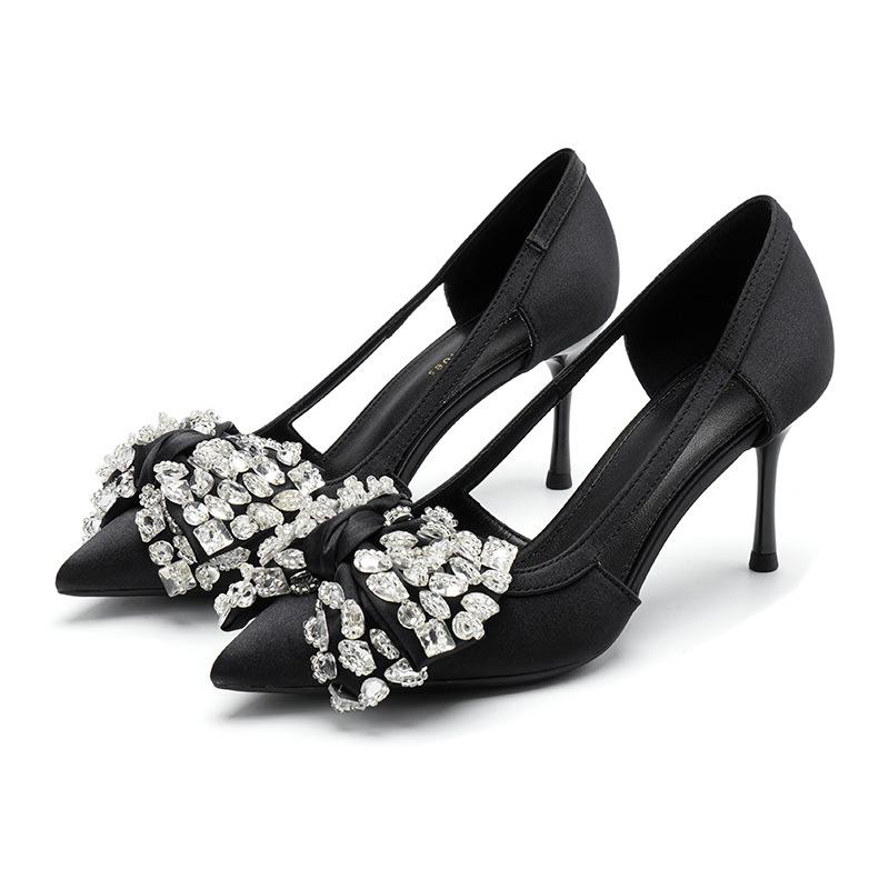 

Туфли на высоком каблуке с острым носком и полым носком для девочек, корейская версия одиночных туфель со стразами и бантом, женские сандалии на шпильке с неглубоким носком, женские босоножки на шпильке 37