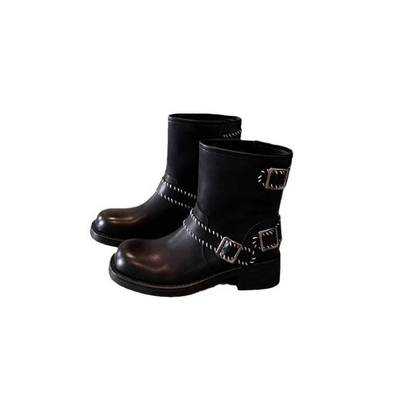 Cowhide version Martin boots women's round head thick heel heightening western short boots retro locomotive boots