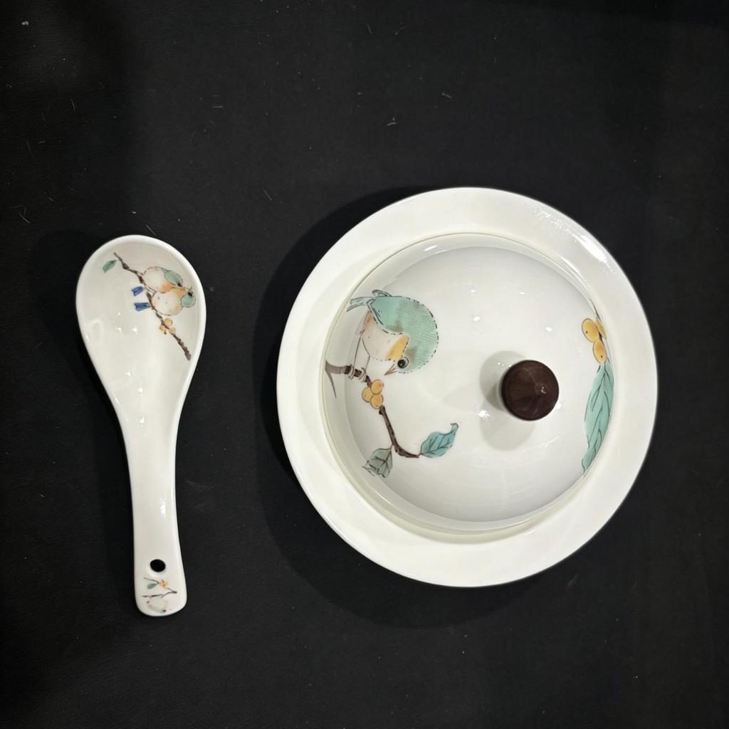 Japanese Children's Gaiwan Tea Set: Bird Bone China Cup, Chopsticks, and Spoon