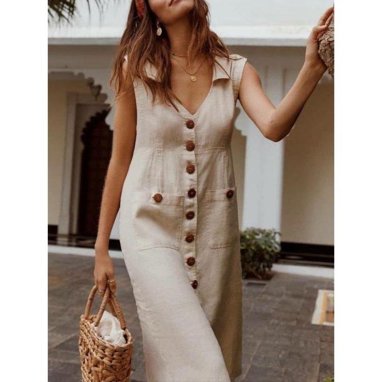 Plus Size Women Casual Dress Solid Color Sleeveless Loose Tunic V Neck Summer S бежевый