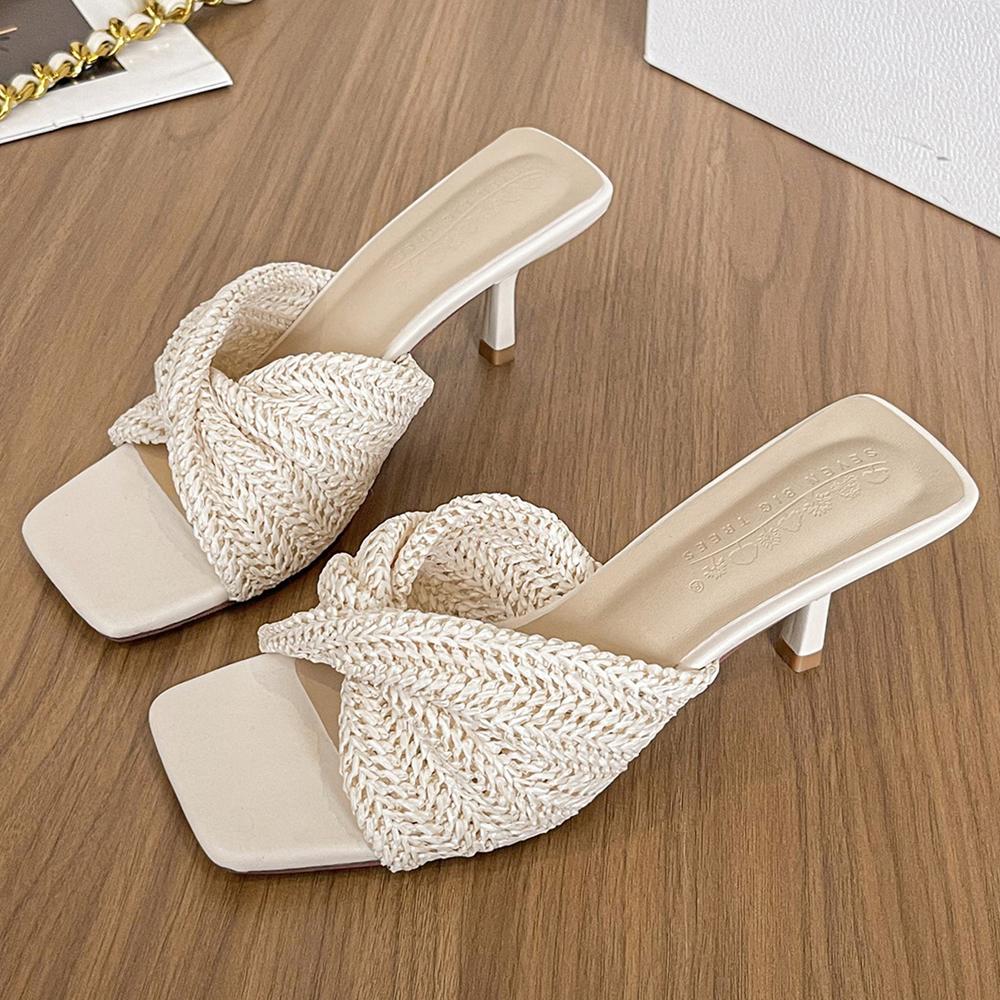 Fashion Fashion Women's Sandals Mule Heels Square Toe High-heeled Sandals Woman Summer Shoes Weaving Design High Heels Stiletto 6.5 CM