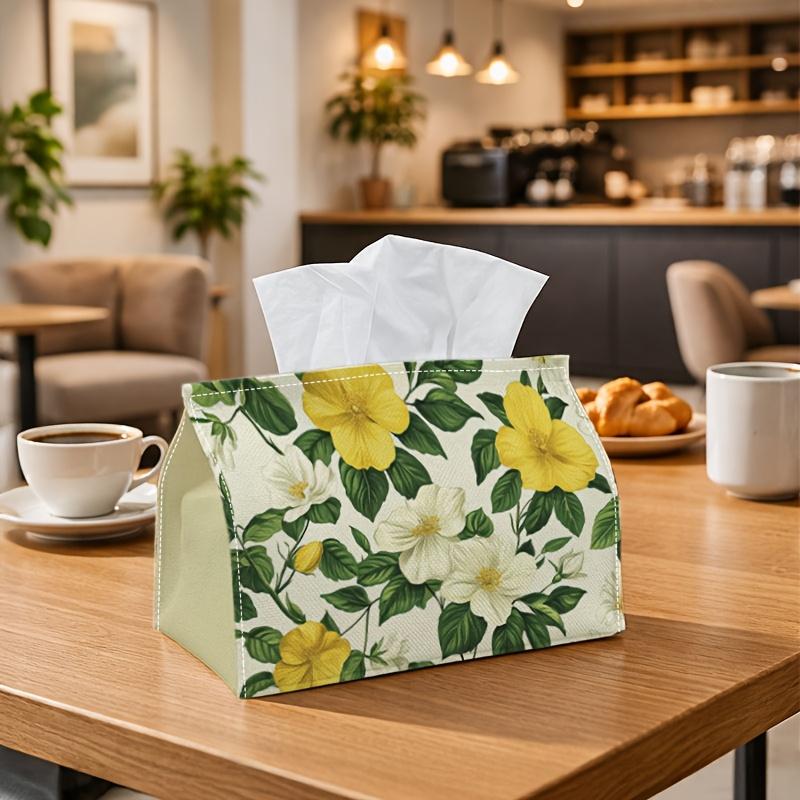 1pc Vintage Yellow Floral Tissue Box with Botanical White Bloom Cover - Fabric Napkin Holder Organizer Suitable for Kitchen, Car, Living Room, Bedroom