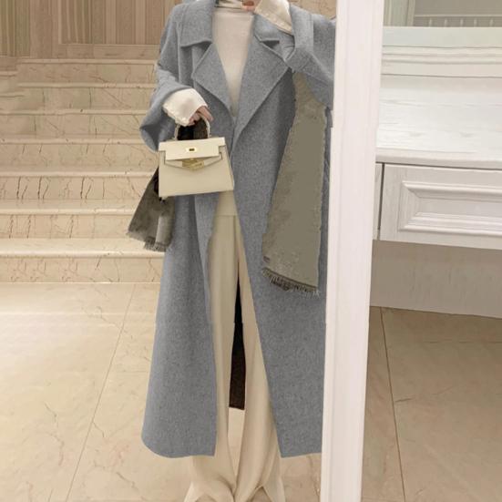 Women Winter Overcoat with Belt Turn-down Collar Pockets Pure Color Cardigan Mid Length Coat Thermal Long Sleeves Commuting Dating Winter Coat