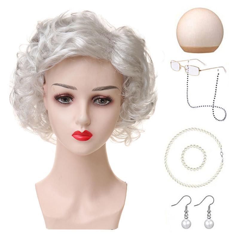 Versatile Short Curly Costume Wig Set For Grandmother Character Halloween Dress Up