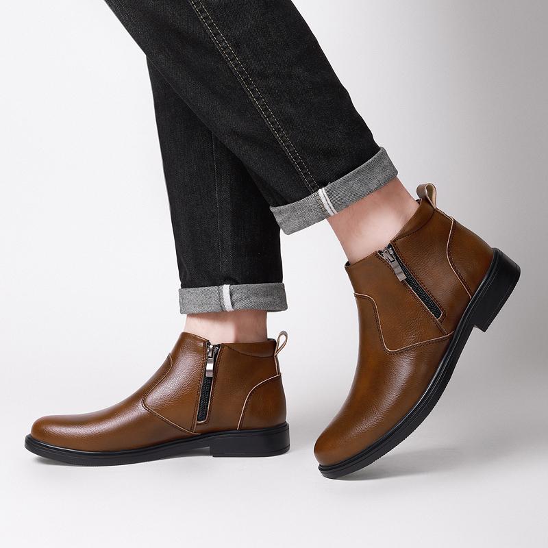 Fashion Trendy Men Leather Boots Quality Side Zipper Autumn and Winter Business Office Chelsea Boots Non Slip Sole Walking Driving Boots