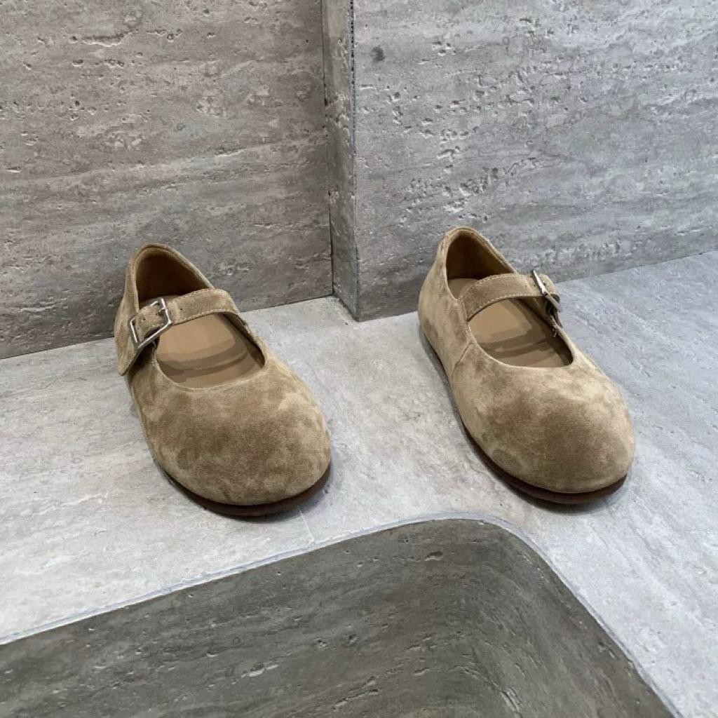 Sheepskin Version~ Spring and Autumn New Leather Inner Height Increase One-word Buckle with Shallow Mouth Mary Jane Single Shoes Women's Flat Loafers