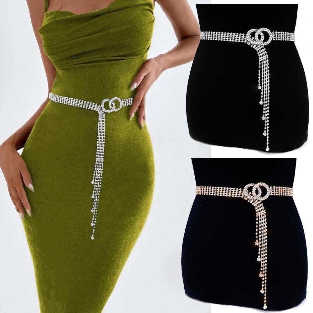 Sparkle Tassels Rhinestone Chain Belt Gold Silver Color Full Diamond Belt  Party Body Jewelry