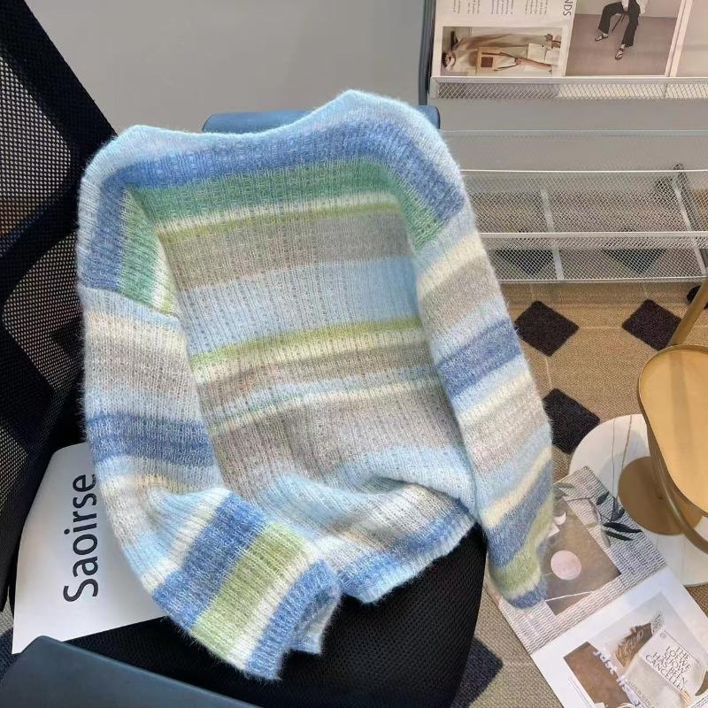 Creamy Rainbow Strips Gentle Wind Mohair Versatile New Lazy Loose Soft Waxy Sweater Top