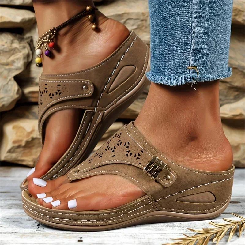 Fashion Woman Slippers 2025 New Wedge Sandals Flip Flops Non-Slip Soft Platform Shoes Lightweight Orthopedic Slippers Slides Women