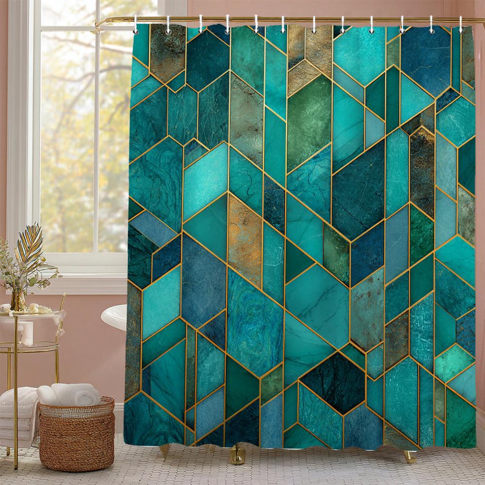 Modern Creative Geometric Pattern Blue Shower Curtain, Bathroom Decorative Shower Curtain, Waterproof Shower Curtain with Hooks