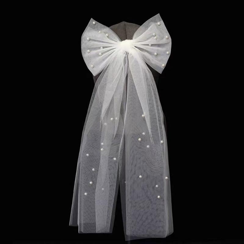 Soft Tulle Short Bridal Veil With Hair Clip Beadwork Pearls Design Bowknot Hair Veil For Wedding Party And Formal Event